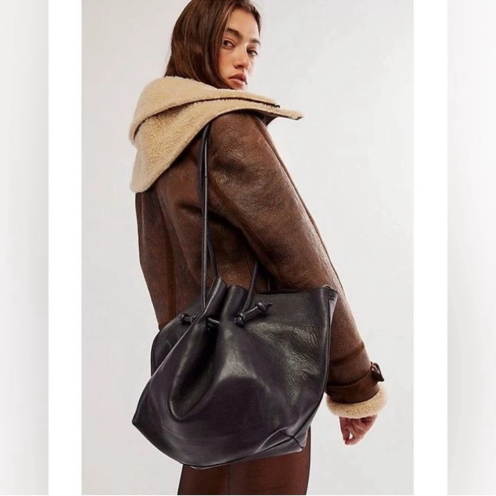 Free People Black Leather Drawstring Tote